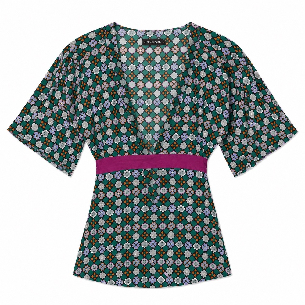 Antik Batik Small Tunic Top Womens Floral Print Belted Kimono Sleeve Boho Beaded